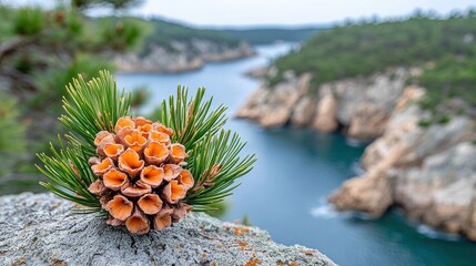 Wall Mural - Coastal pine cone closeup, scenic bay backdrop, nature photography