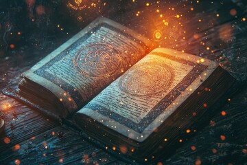 Wall Mural - Enchanted spellbook radiating golden light with arcane inscriptions.