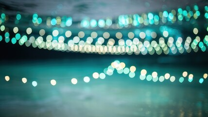 Wall Mural - Softly glowing bokeh lights in a spectrum of teal and gold create a dreamy, enchanting atmosphere.