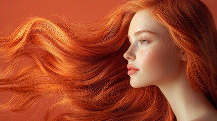 Poster - Long, flowing auburn hair sways gracefully against a warm orange background, highlighting the model's serene expression and flawless features, capturing a moment of pure beauty and tranquility