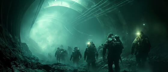 Wall Mural - Exiting a coal mine miners emerge from a dark tunn_003