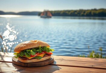 A sandwich on a wooden table near a serene lake