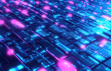 Poster - Dynamic futuristic circuit board illuminated with vibrant blue and pink lights, showcasing high-tech innovation and advanced digital technology