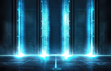 Poster - Futuristic server room with glowing vertical blue energy streams, showcasing advanced digital technology and innovative cyber architecture