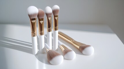 Wall Mural - Isolated image of a set of makeup brushes on a clean white surface, great for cosmetic product marketing.