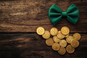 Festive saint patrick's day flat lay with gold coins and green bow tie