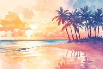 Poster - Serene watercolor illustration of sunset over tranquil beach with palm trees reflecting on water. Generative AI