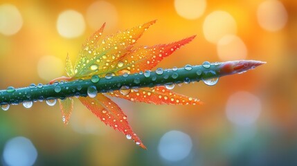 Wall Mural - Dew-covered autumn maple leaf, garden bokeh background, nature photography