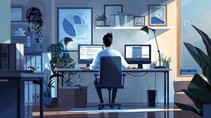 A focused professional examines complex code and data across several screens in a modern workplace