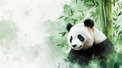 Poster - Panda surrounded by bamboo in a serene watercolor landscape during a peaceful afternoon. Generative AI