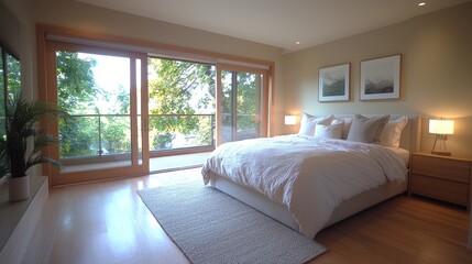 Wall Mural - Modern bedroom with sliding doors, garden view, morning light