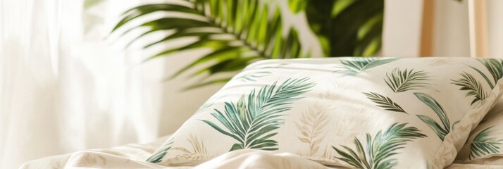 Wall Mural - Embrace the tropical vibes with light summer fabrics and fresh patterns in a stylish living space. Generative AI