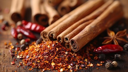 High-resolution image of cloves, cinnamon sticks, and red chili flakes arranged on a rustic wooden background, with warm, natural light highlighting the rich colors and textures