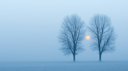 Wall Mural - sun in natural phenomena theme, foggy morning with two trees silhouetted against sun