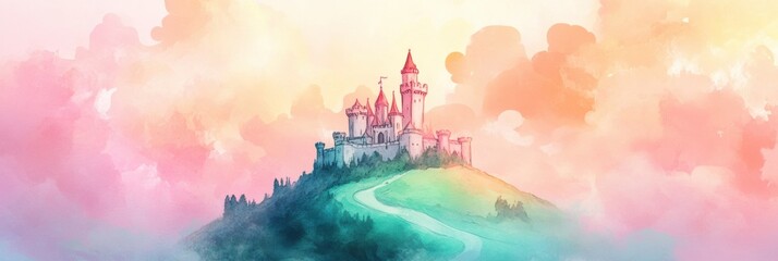 Poster - Watercolor illustration depicting a majestic castle on a hill surrounded by soft pastel clouds at dusk. Generative AI