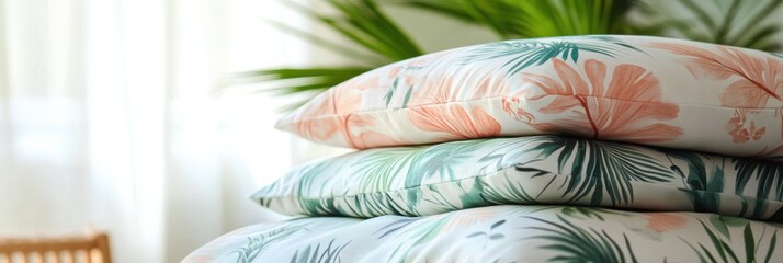 Poster - Tropical pillows with vibrant patterns stacked in a bright, airy room during summer. Generative AI