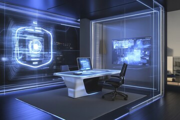 Poster - Futuristic office with advanced technology and digital interface in a modern workspace