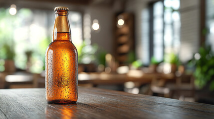 Wall Mural - A modern beer bottle with a bright tone, placed against a blurred background, leaving empty space on the side, symbolizing solitude and introspection in a chaotic world.

