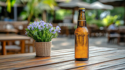 Wall Mural - A modern beer bottle with a bright tone, placed against a blurred background, leaving empty space on the side, symbolizing solitude and introspection in a chaotic world.

