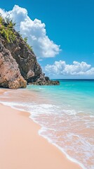 Aufkleber - Explore a serene tropical getaway featuring soft pink sands and vibrant turquoise waters, embraced by stunning clouds and bright sunshine creating an idyllic atmosphere