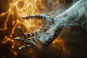 Poster - Robotic hand reaching out surrounded by swirling smoke and glowing light