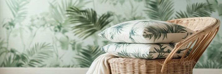 Poster - Cozy wicker chair with tropical patterned cushions in a bright summer interior setting. Generative AI