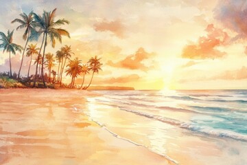 Poster - Sunset over serene beach with palm trees and gentle waves reflecting vibrant colors. Generative AI