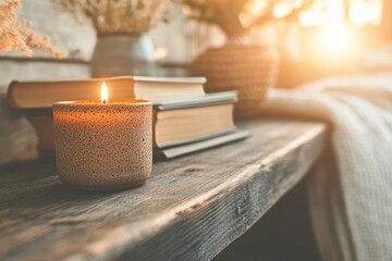 A wooden shelf in a cozy bedroom, adorned with a ceramic candle and neatly stacked books. Generative AI