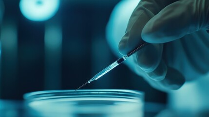 Poster - gloved hand injecting liquid from a syringe into a petri dish in a modern laboratory, highlighting a