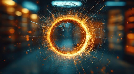 Sticker - Fiery ring shattering glass, urban night, energy portal