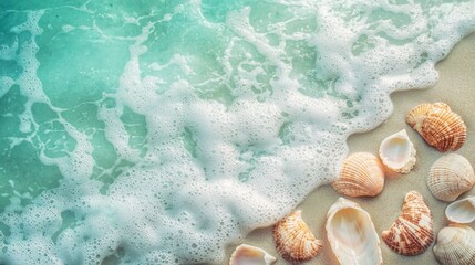 Aufkleber - Soft waves kiss the sandy shore, revealing a collection of beautiful seashells scattered across the beach. The serene morning light enhances the coastal landscape, inviting relaxation