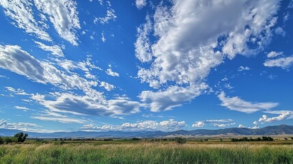 Aufkleber - A breathtaking view reveals a wide expanse of blue sky filled with fluffy clouds above lush green grasslands. Rolling hills create a serene backdrop under the afternoon sun