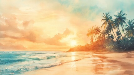 Poster - Serene sunset over a tropical beach with palm trees and gentle waves in watercolor style. Generative AI