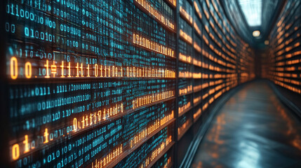a digital library with glowing binary code and bookshelves symbolizes modern information technology,