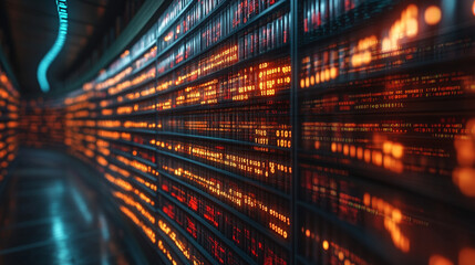 a digital library with glowing binary code and bookshelves symbolizes modern information technology,