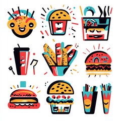 Wall Mural - Colorful fast food icons, set for menu illustration and commercial background