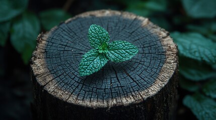 Wall Mural - Fresh mint sprout on weathered tree stump, garden background, nature product