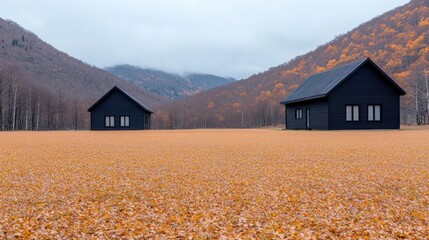 Wall Mural - Autumnal mountain landscape with two black cabins