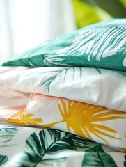 Poster - Bright summer bedding with tropical patterns and light fabrics for a fresh and vibrant bedroom atmosphere. Generative AI
