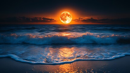 Wall Mural - Blood moonrise over ocean waves at night, scenic beach
