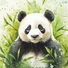 Poster - Watercolor illustration of a panda surrounded by bamboo in a lush green environment. Generative AI