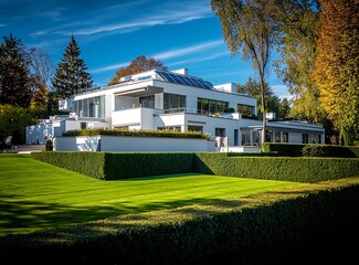 Modern family house in Germany, with white walls and solar panels on the roof, a green lawn with hedges around it, under a blue sky on a sunny day