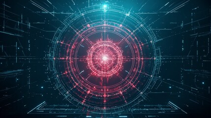 Poster - Abstract digital design featuring glowing circles and data streams in red and blue hues, conveying a futuristic technology theme.