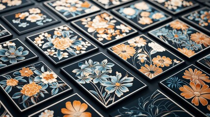 Poster - A collection of intricately designed floral tiles featuring vibrant colors against a dark background, showcasing artistic craftsmanship.