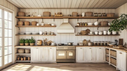 Poster - A modern rustic kitchen featuring open shelves filled with jars and plants, wooden cabinetry, and a warm, inviting atmosphere.