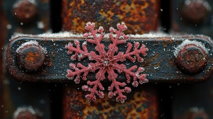 Wall Mural - A close-up of a snowflake on a rusty metal surface, showcasing contrast.