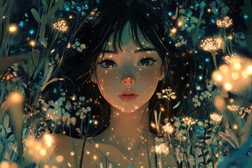 Poster - Woman Surrounded By Luminous Flowers And Sparkling Lights