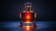 © AGUNG - Glowing amber liquor bottle, dark studio, reflective surface, advertising