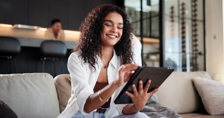 Poster - Creative, online and woman with tablet, home and video editing with subscription for software and smile. Living room, content creation and person with tech for productivity, planning and streaming
