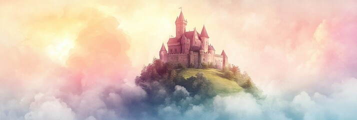Poster - Majestic castle perched on a hilltop surrounded by dreamy clouds at sunset. Generative AI